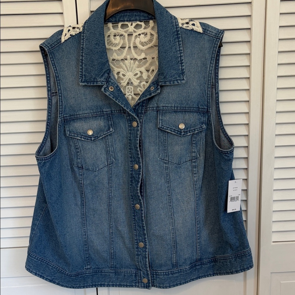 New Direction Women’s 3X Jean Vest Lace Snap Closure 100% Cotton Cottagecore